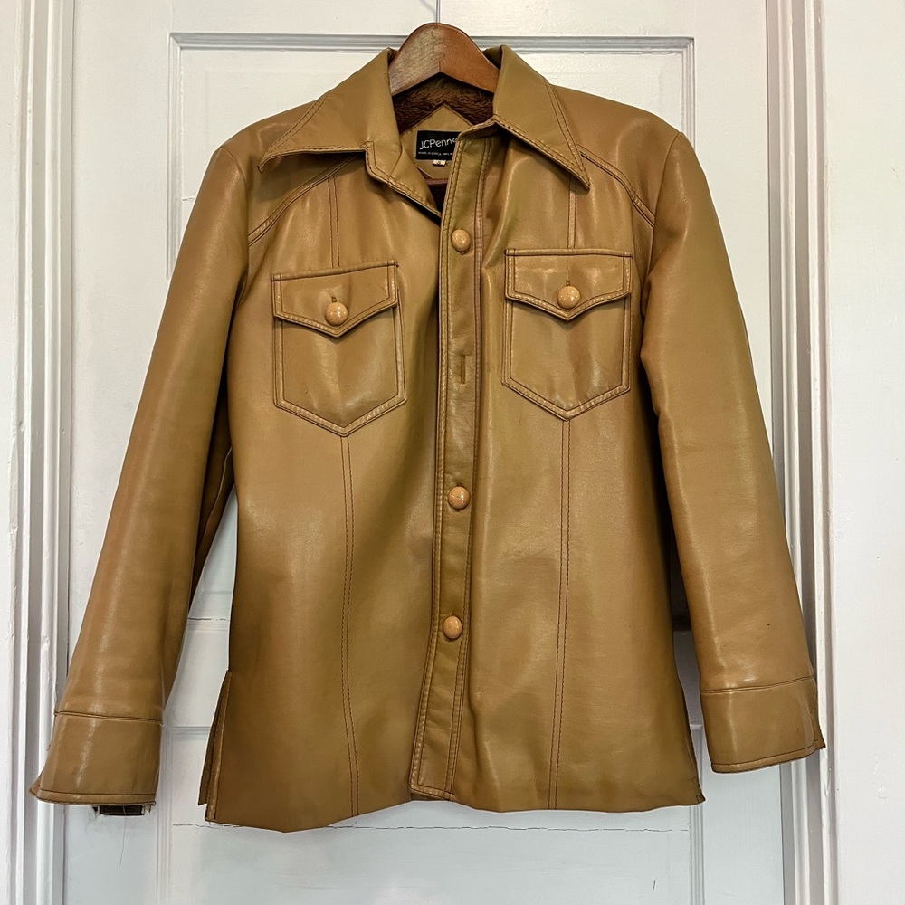 Vintage Mens Brown JC Penney Faux Leather Jacket Lined Size Small